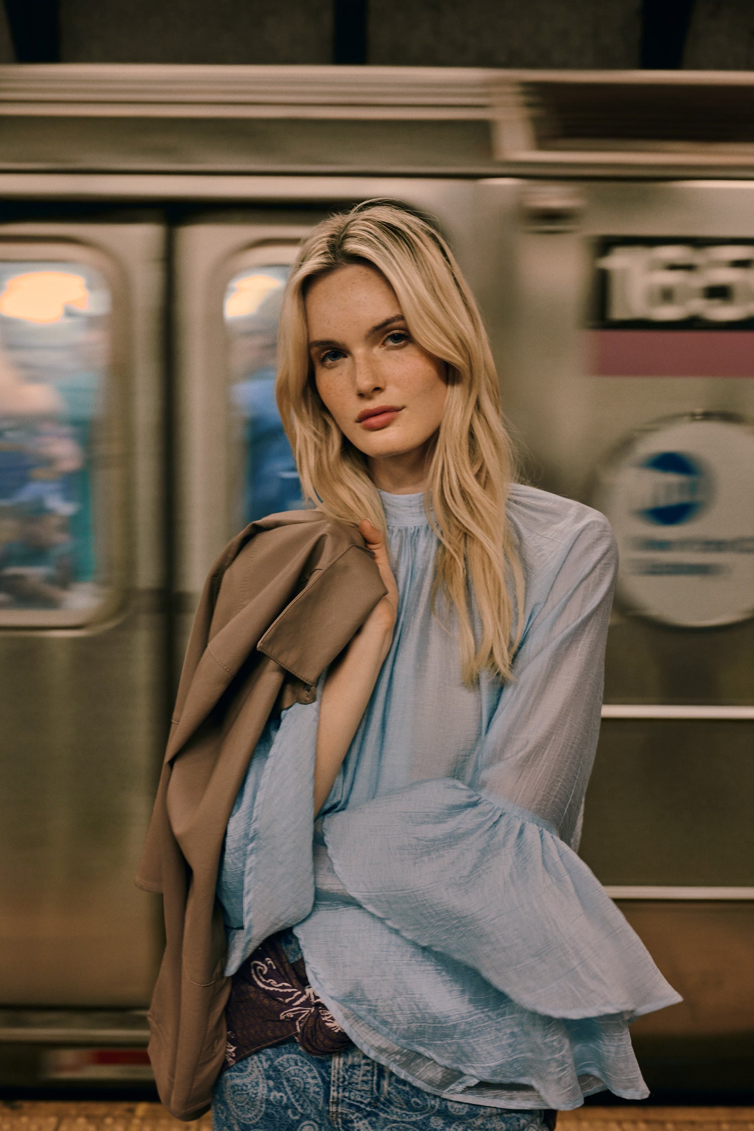 High Neck Blue Bolero Sleeve Shirt for Women