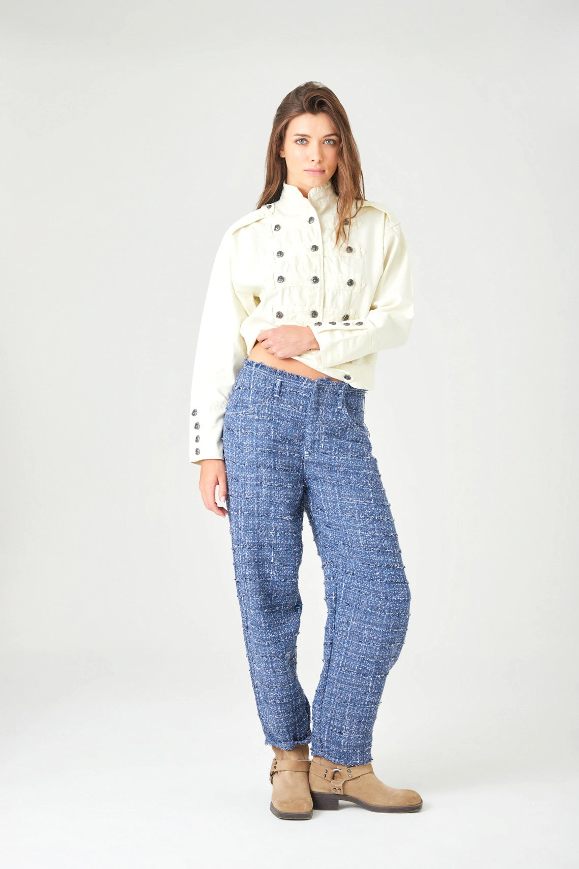 Straight Blue Tweed Pants for Women | TNS