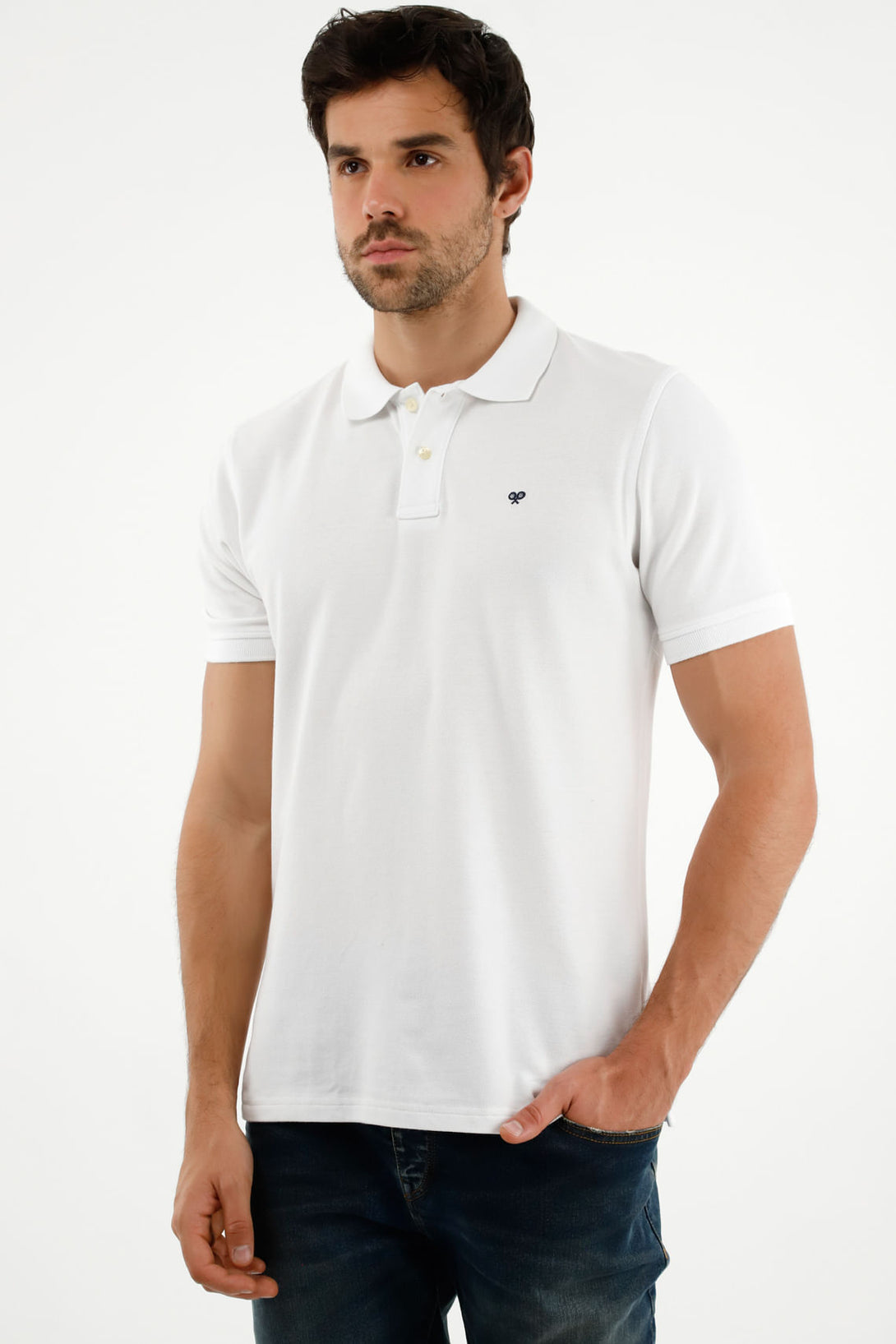 Polo blanca con raqueta multicolor para hombre