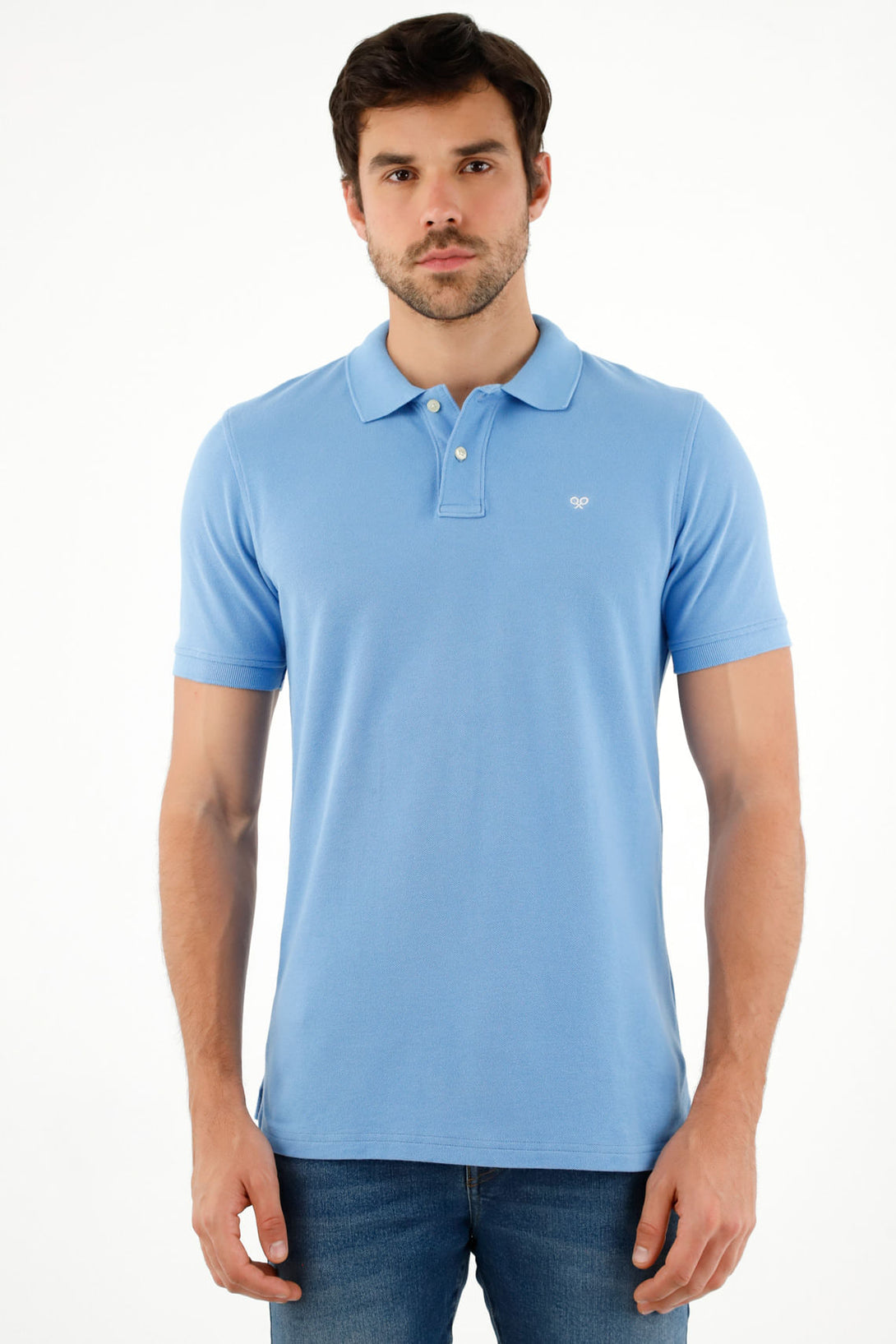 Polo azul con raqueta multicolor para hombre