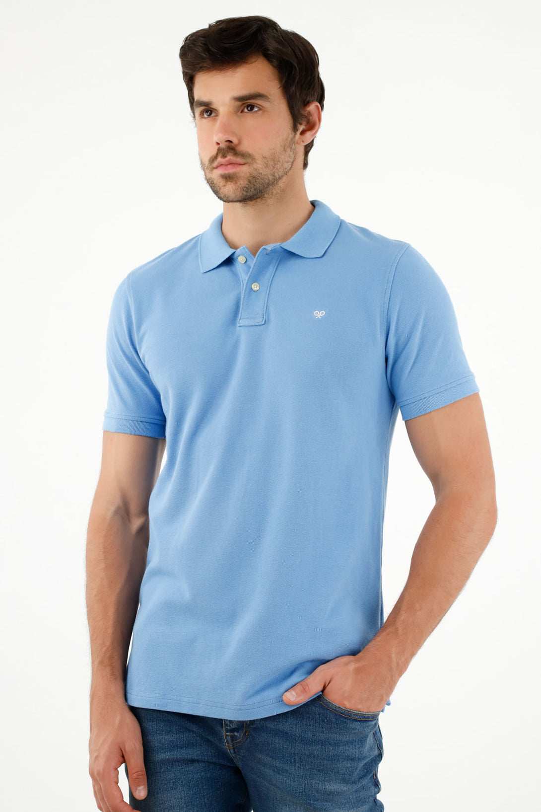 Polo azul con raqueta multicolor para hombre
