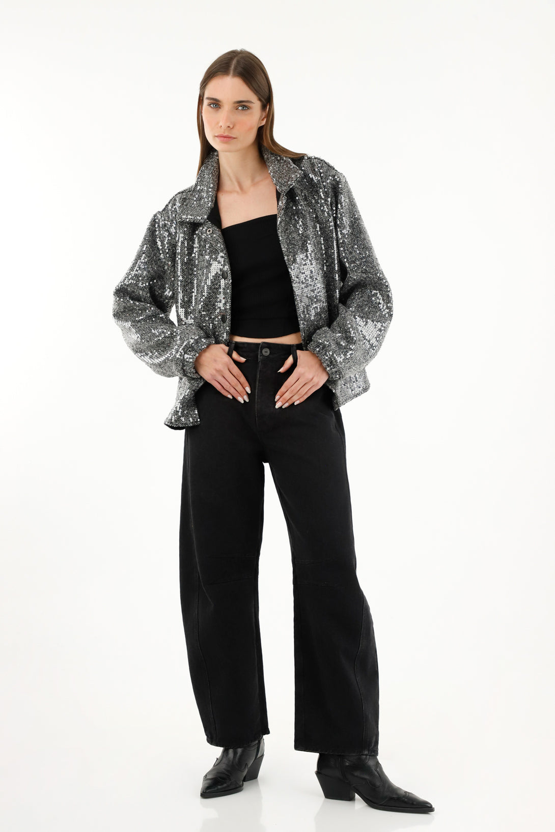 Chaqueta con lentejuelas plateada para mujer