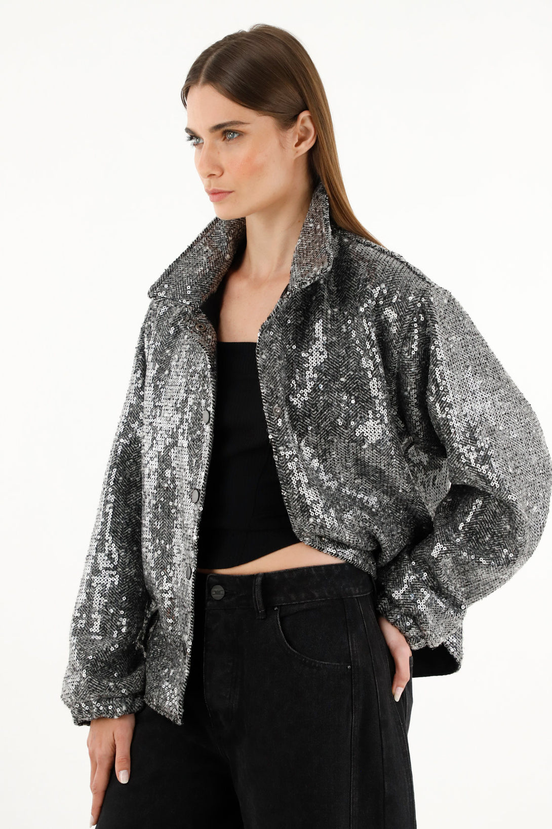 Chaqueta con lentejuelas plateada para mujer