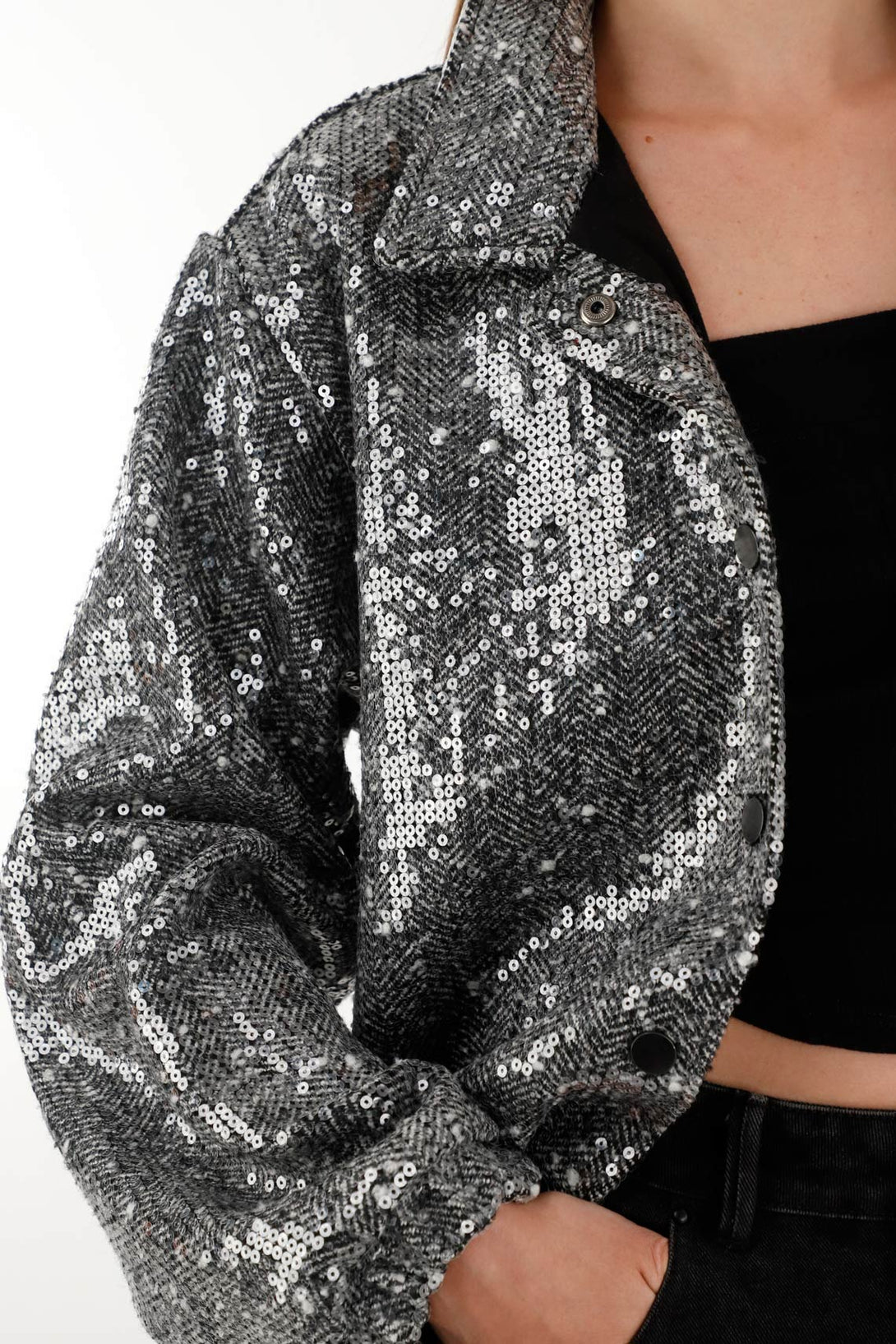 Chaqueta con lentejuelas plateada para mujer