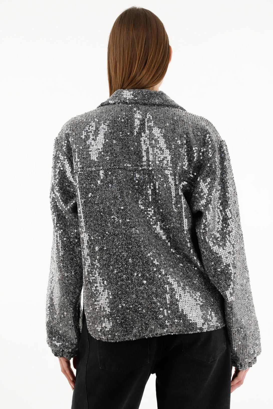 Chaqueta con lentejuelas plateada para mujer