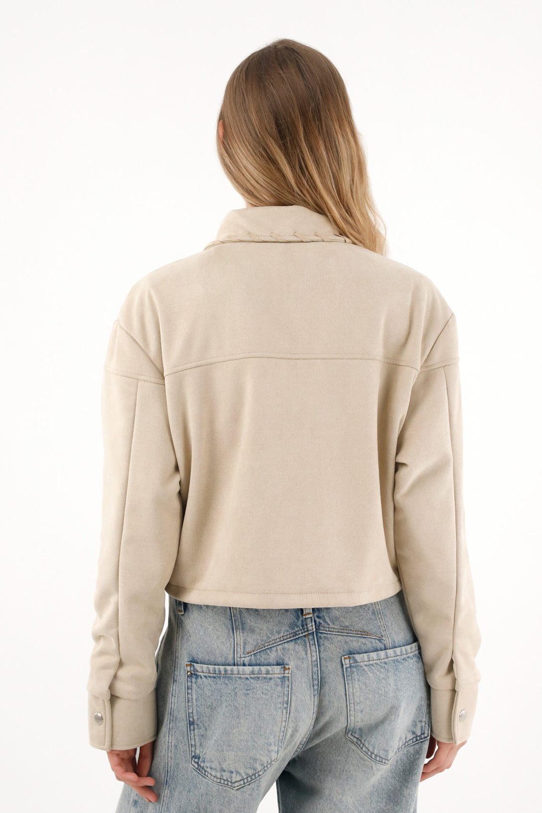 Abrigo en tela gamuza con flecos crudo para mujer