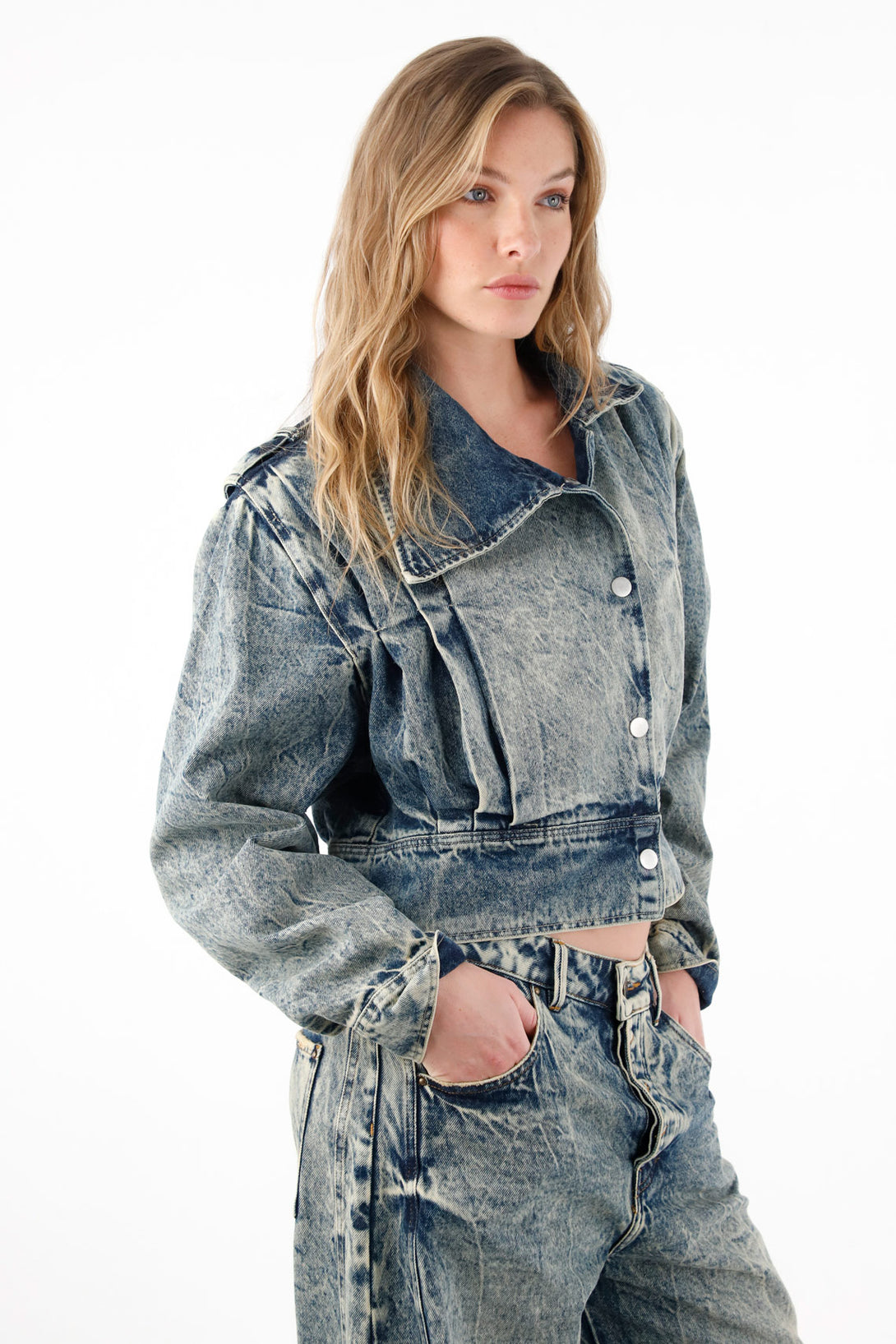Women's Blue Asymmetrical Lapel Crop Jacket