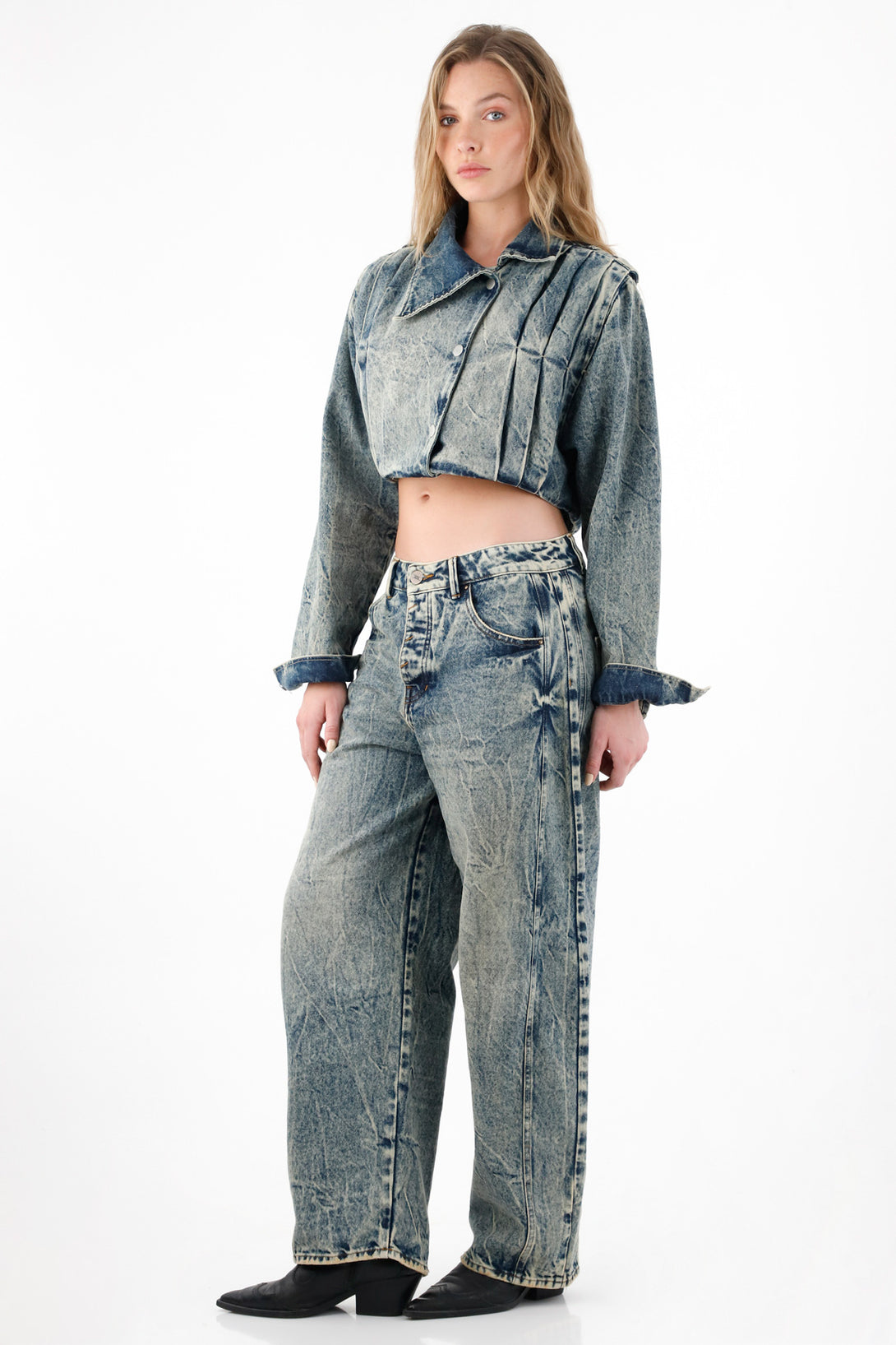 Women's Blue Asymmetrical Lapel Crop Jacket
