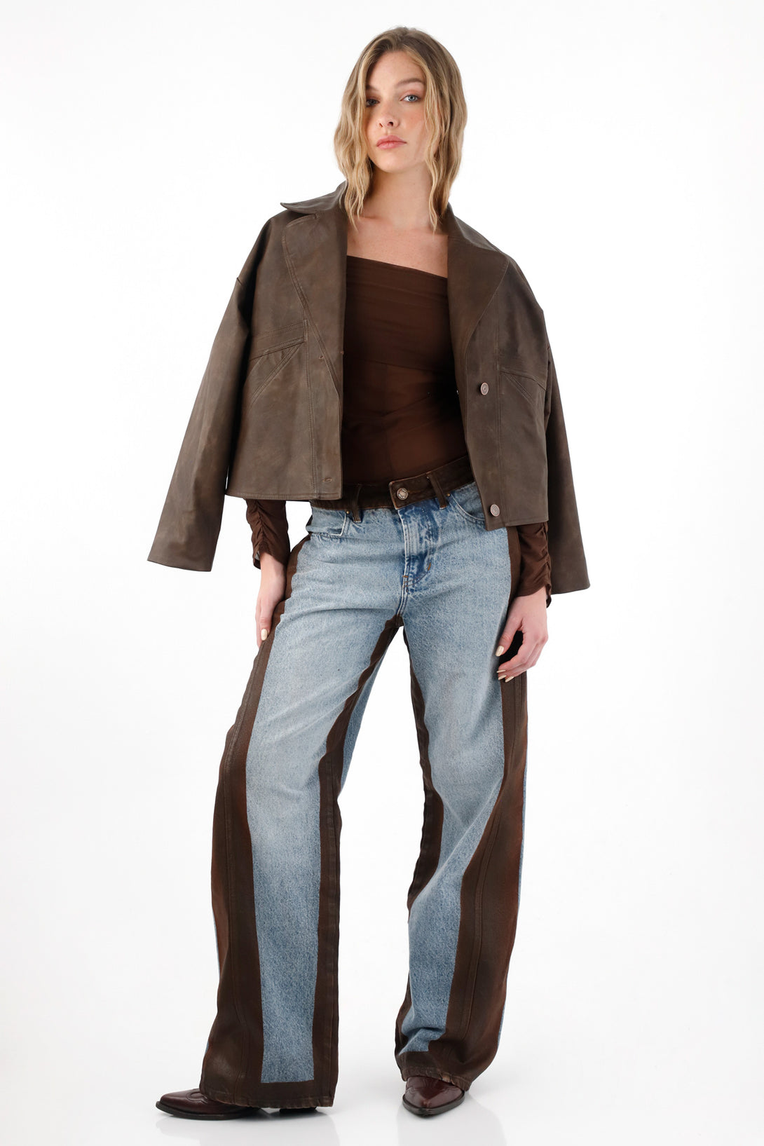 Chaqueta con efecto cuero café para mujer