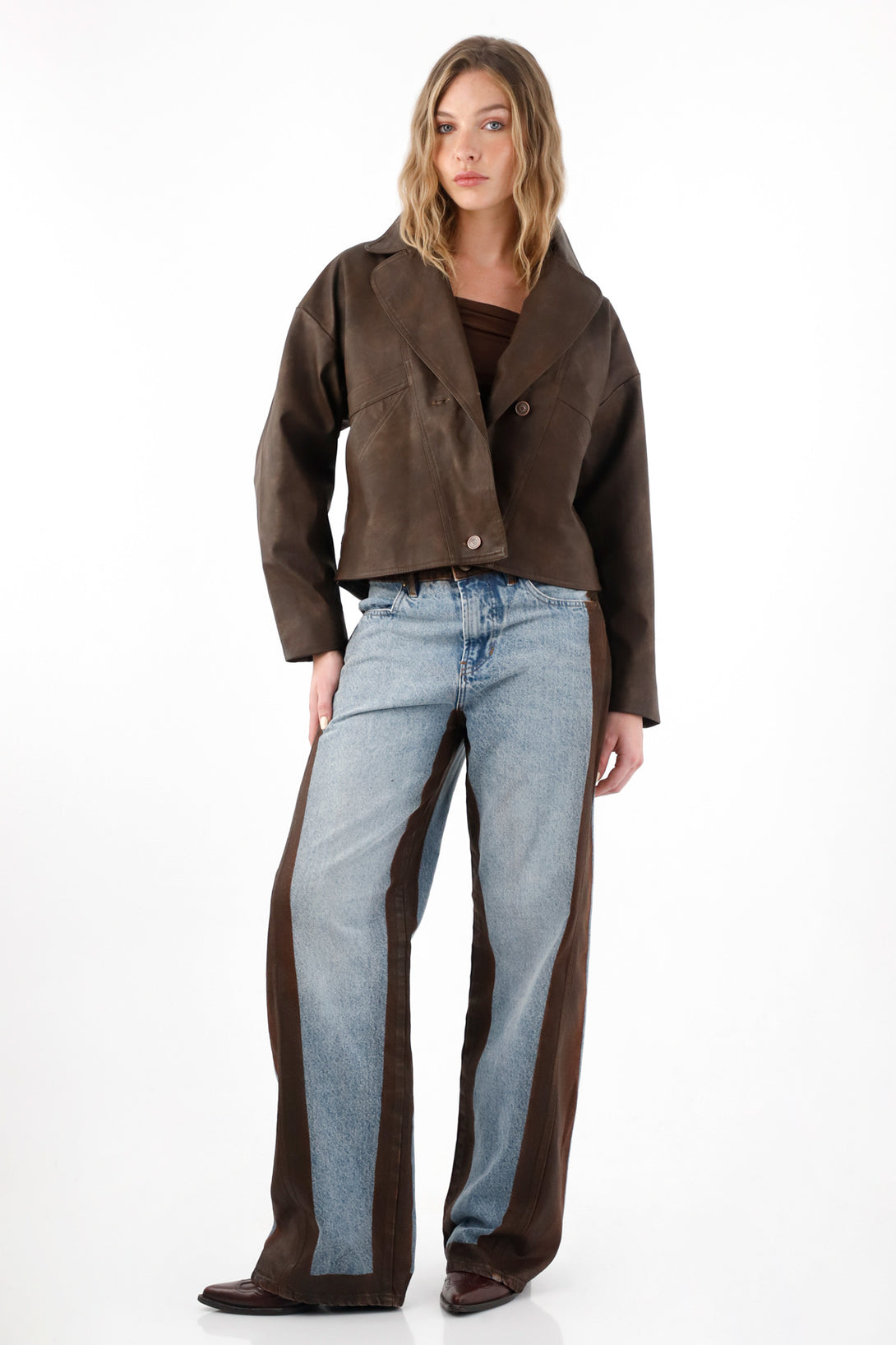 Chaqueta con efecto cuero café para mujer