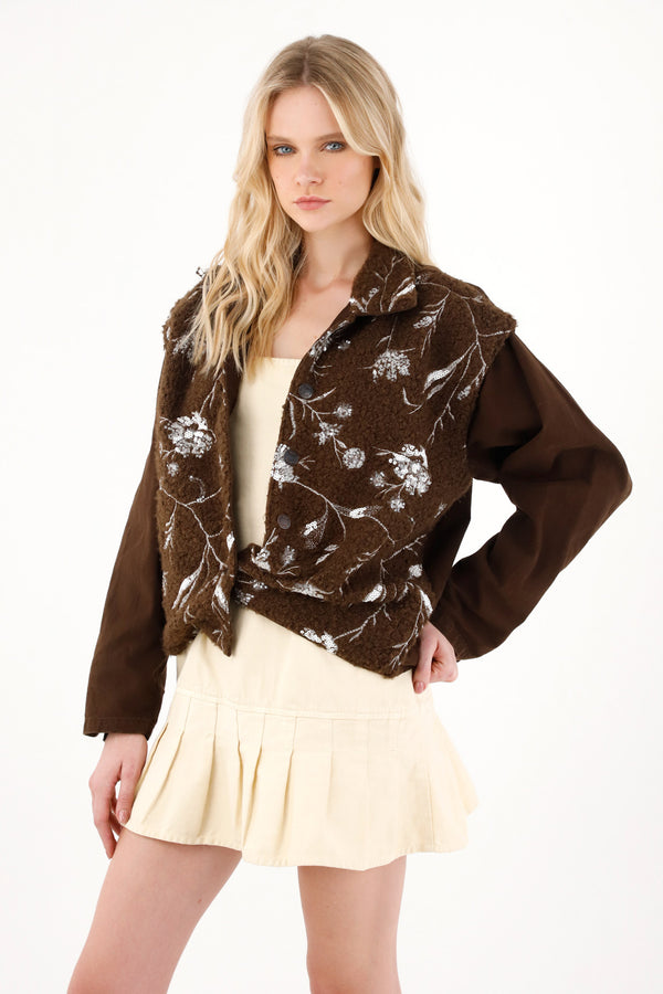 Sheepskin Fabric Coat with Brown Sequins for Women