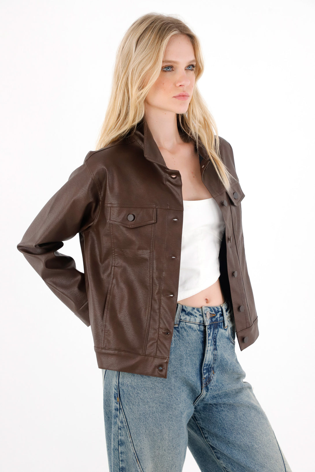 Brown Synthetic Leather Jacket for Women