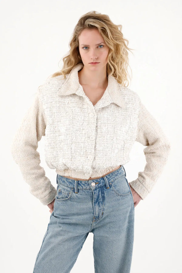 Abrigo en tela tweed con detalles de brillo crudo para mujer