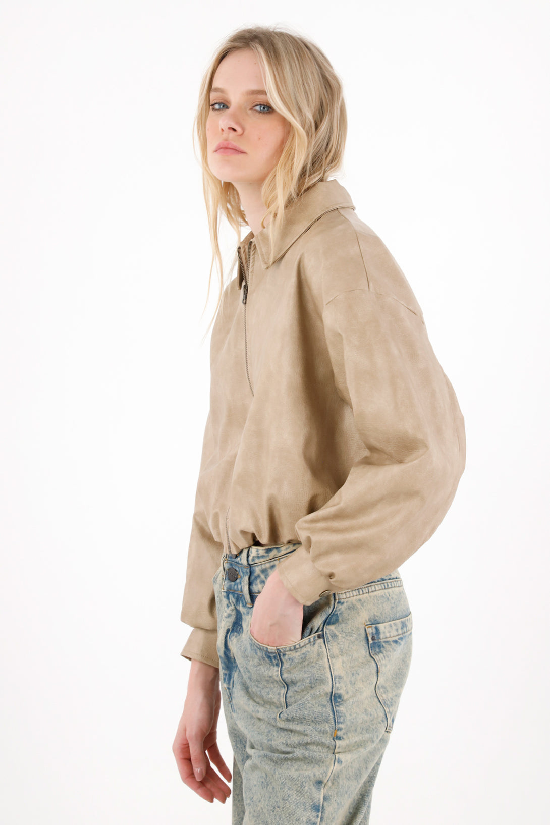 Brown Balloon Silhouette Synthetic Leather Jacket for Women