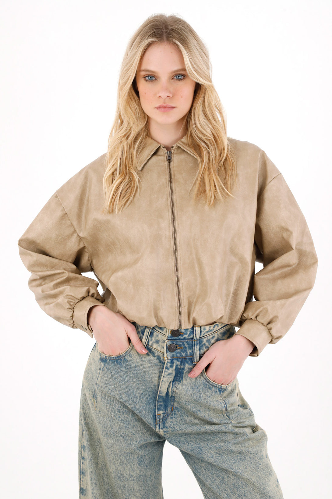 Brown Balloon Silhouette Synthetic Leather Jacket for Women