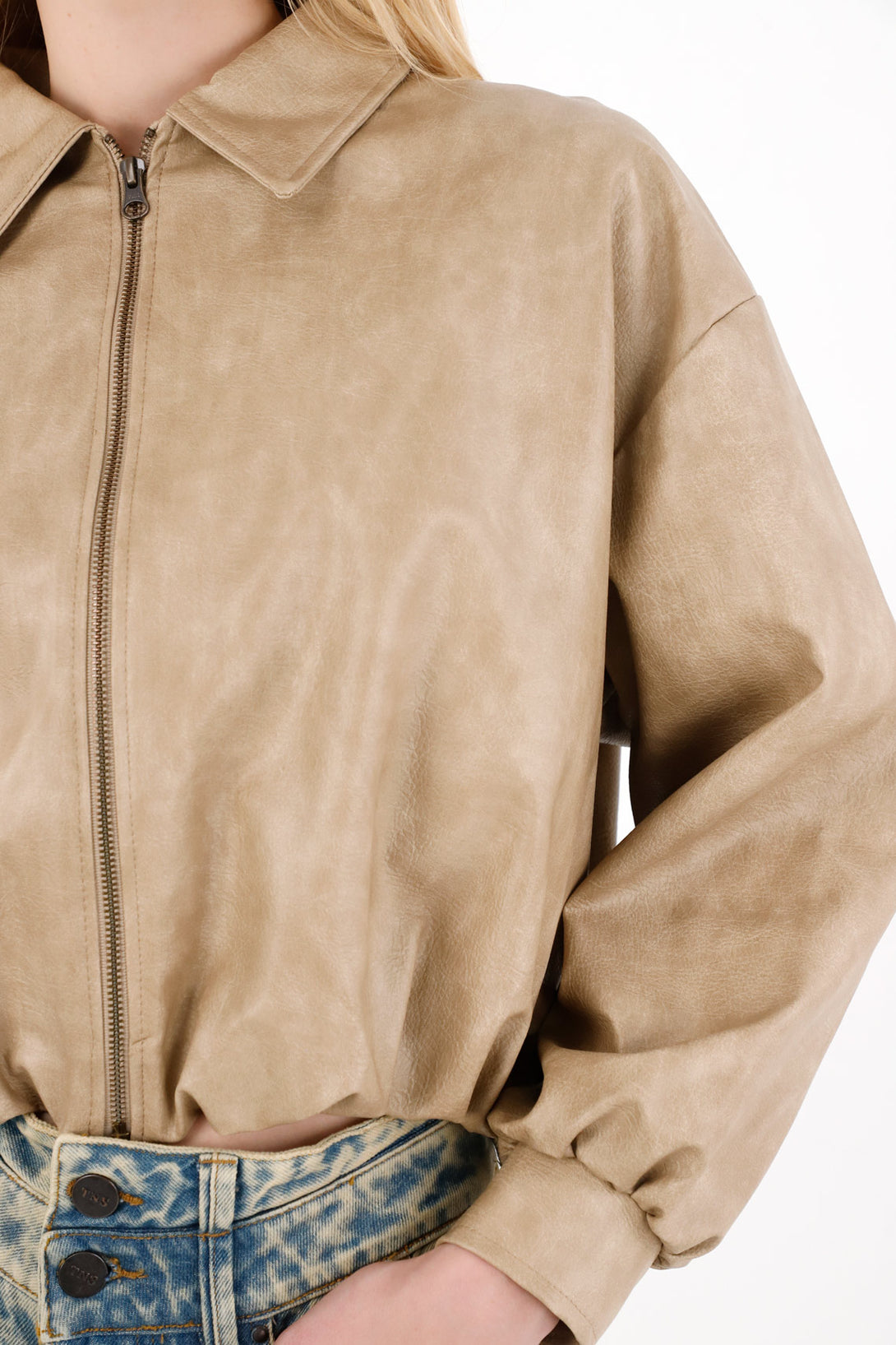Brown Balloon Silhouette Synthetic Leather Jacket for Women