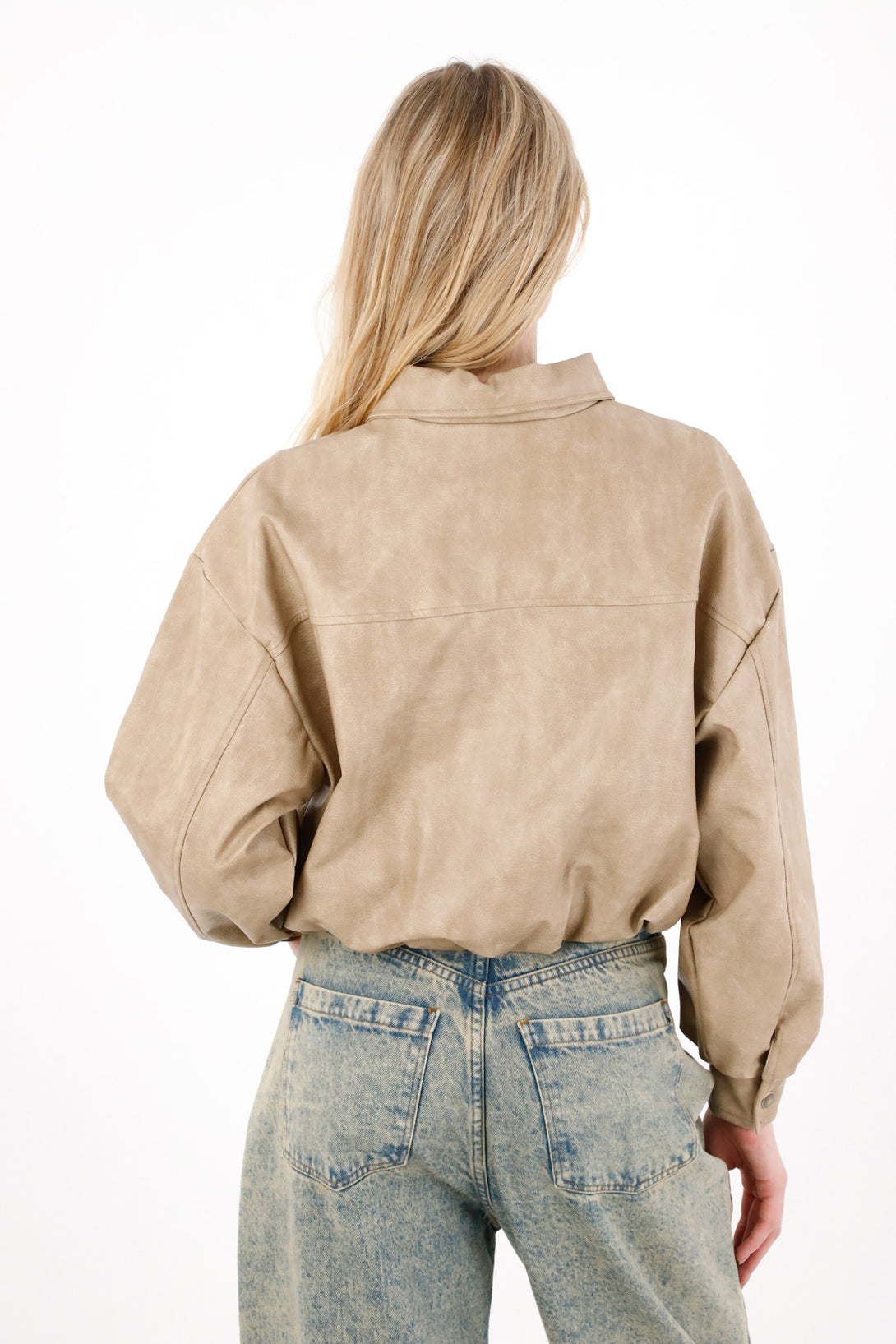 Brown Balloon Silhouette Synthetic Leather Jacket for Women