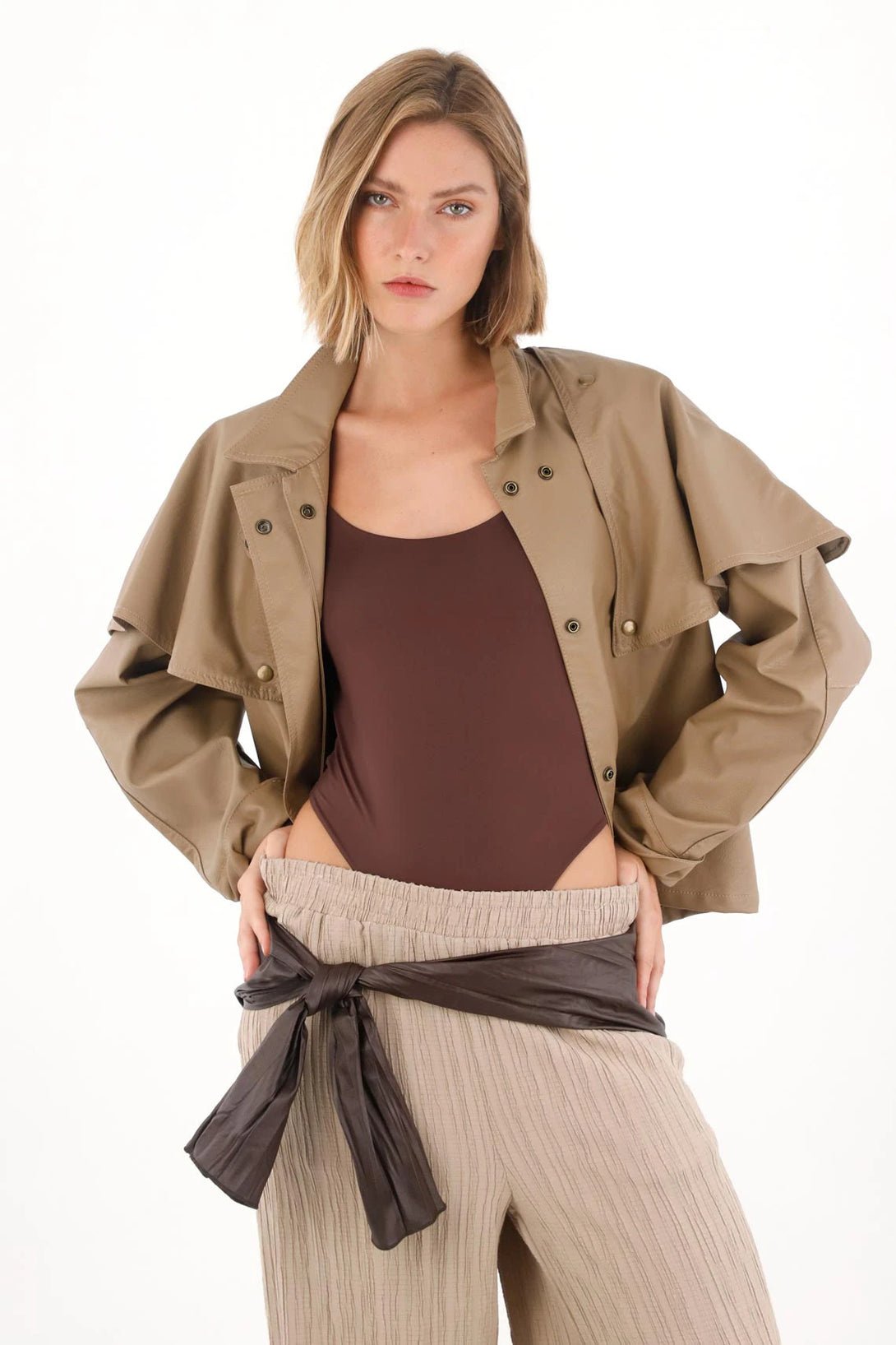 High Neck Synthetic Leather Jacket for Women