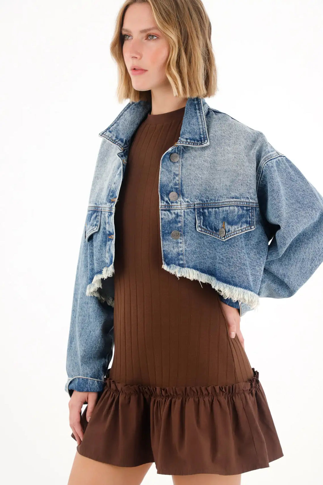 Women's Crop Jacket with Raw Hem in Denim