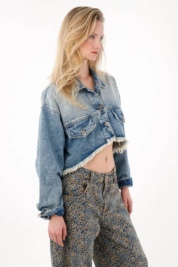Women's Crop Jacket with Raw Hem in Denim