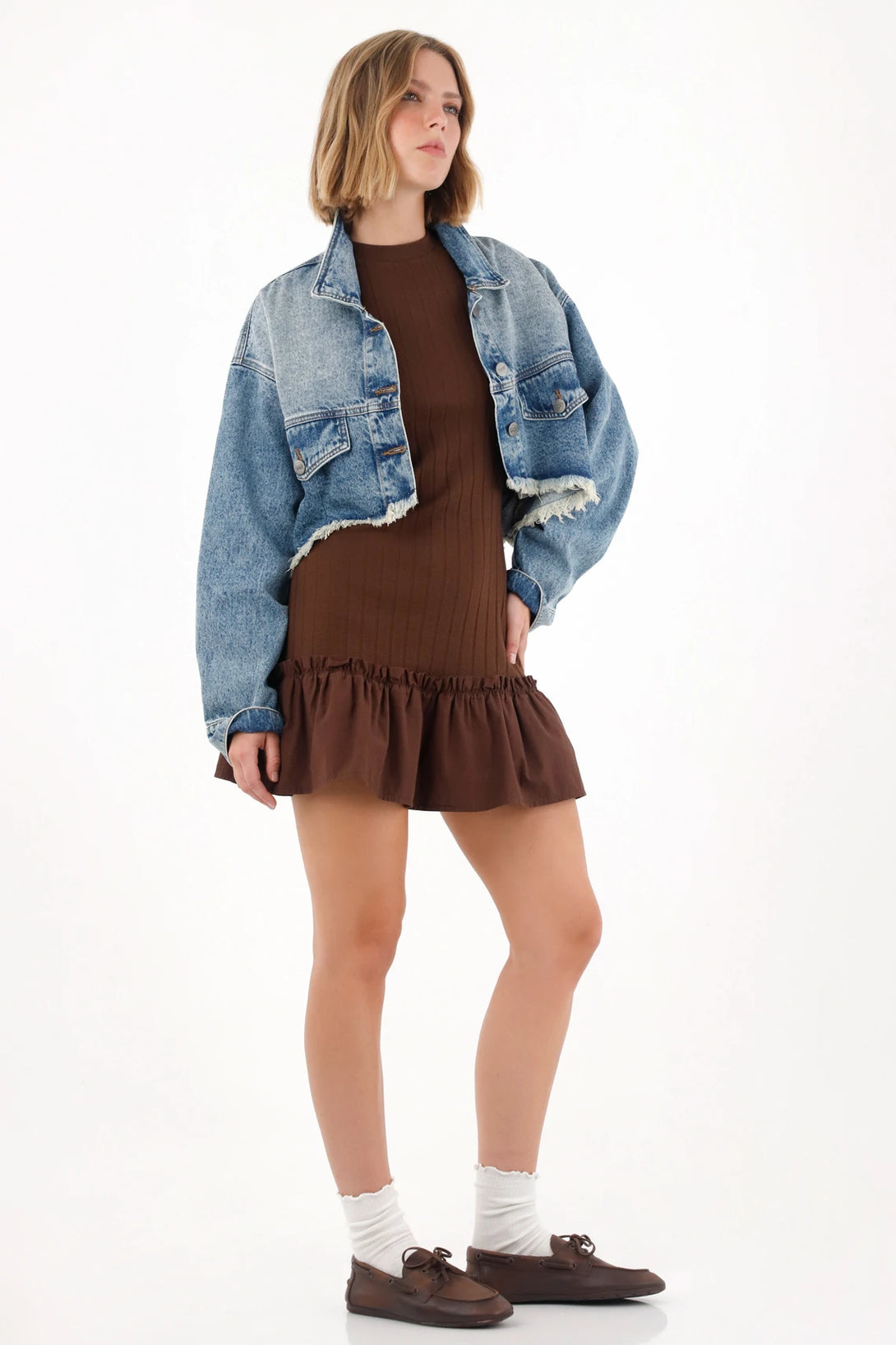 Women's Crop Jacket with Raw Hem in Denim