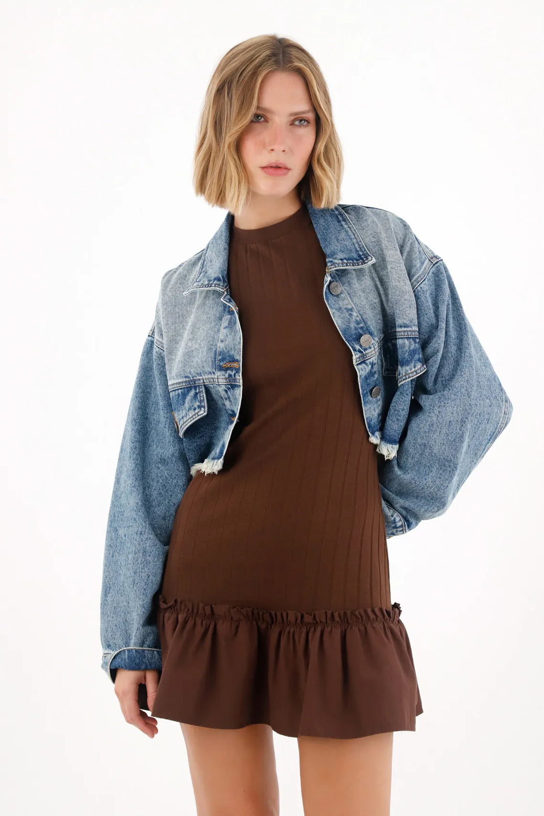 Women's Crop Jacket with Raw Hem in Denim