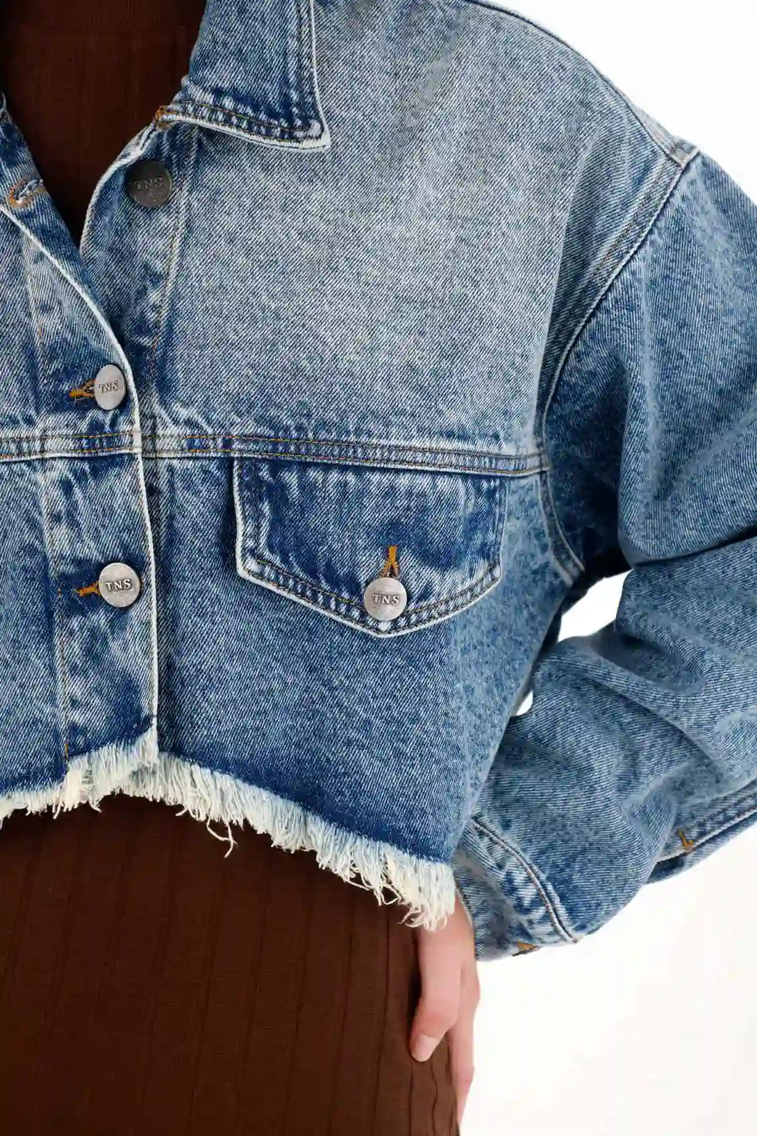 Women's Crop Jacket with Raw Hem in Denim