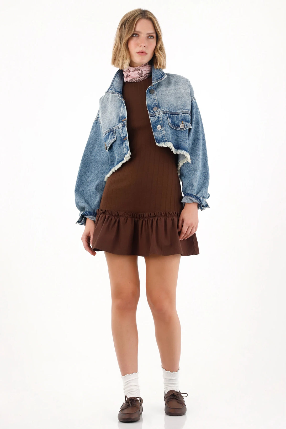 Women's Crop Jacket with Raw Hem in Denim