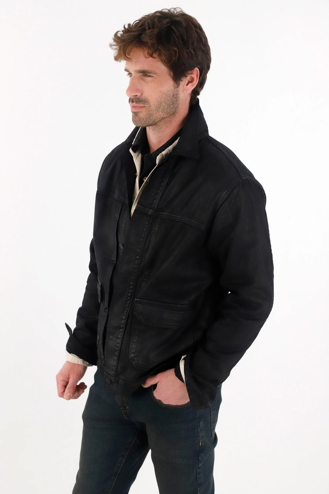 Black Resin-Coated Bull Denim Jacket for Men