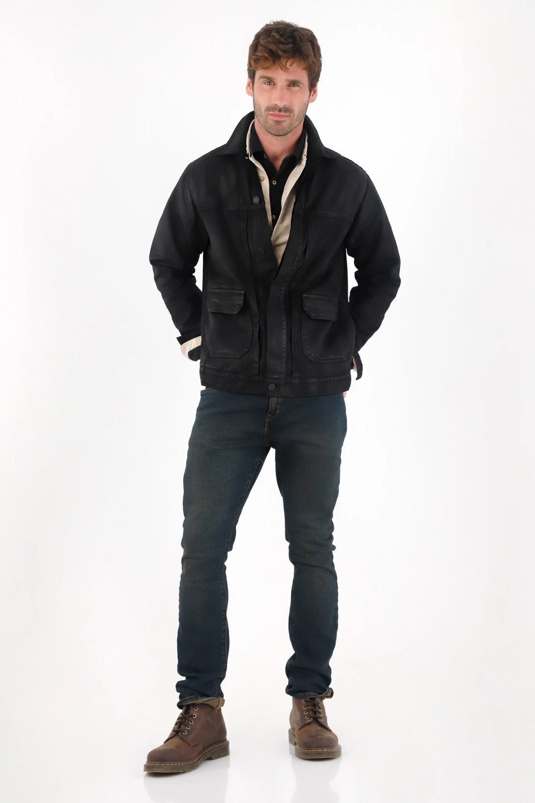 Black Resin-Coated Bull Denim Jacket for Men