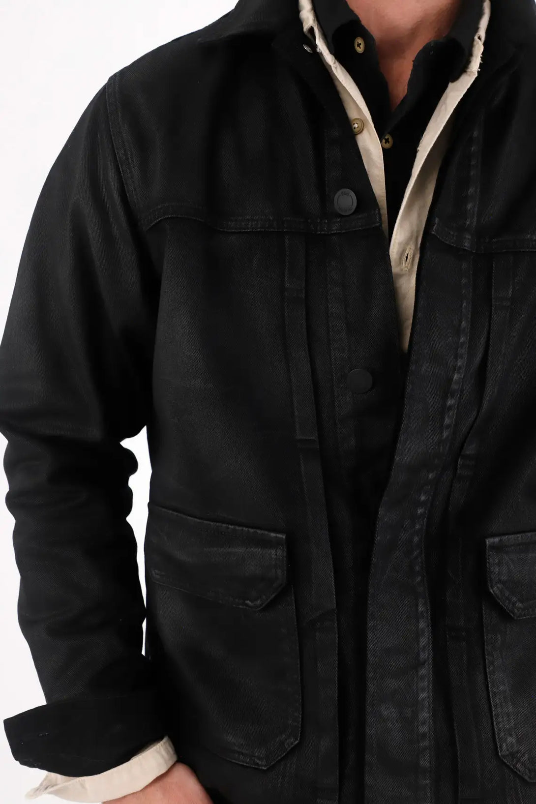 Black Resin-Coated Bull Denim Jacket for Men