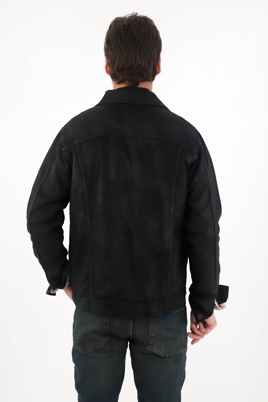 Black Resin-Coated Bull Denim Jacket for Men