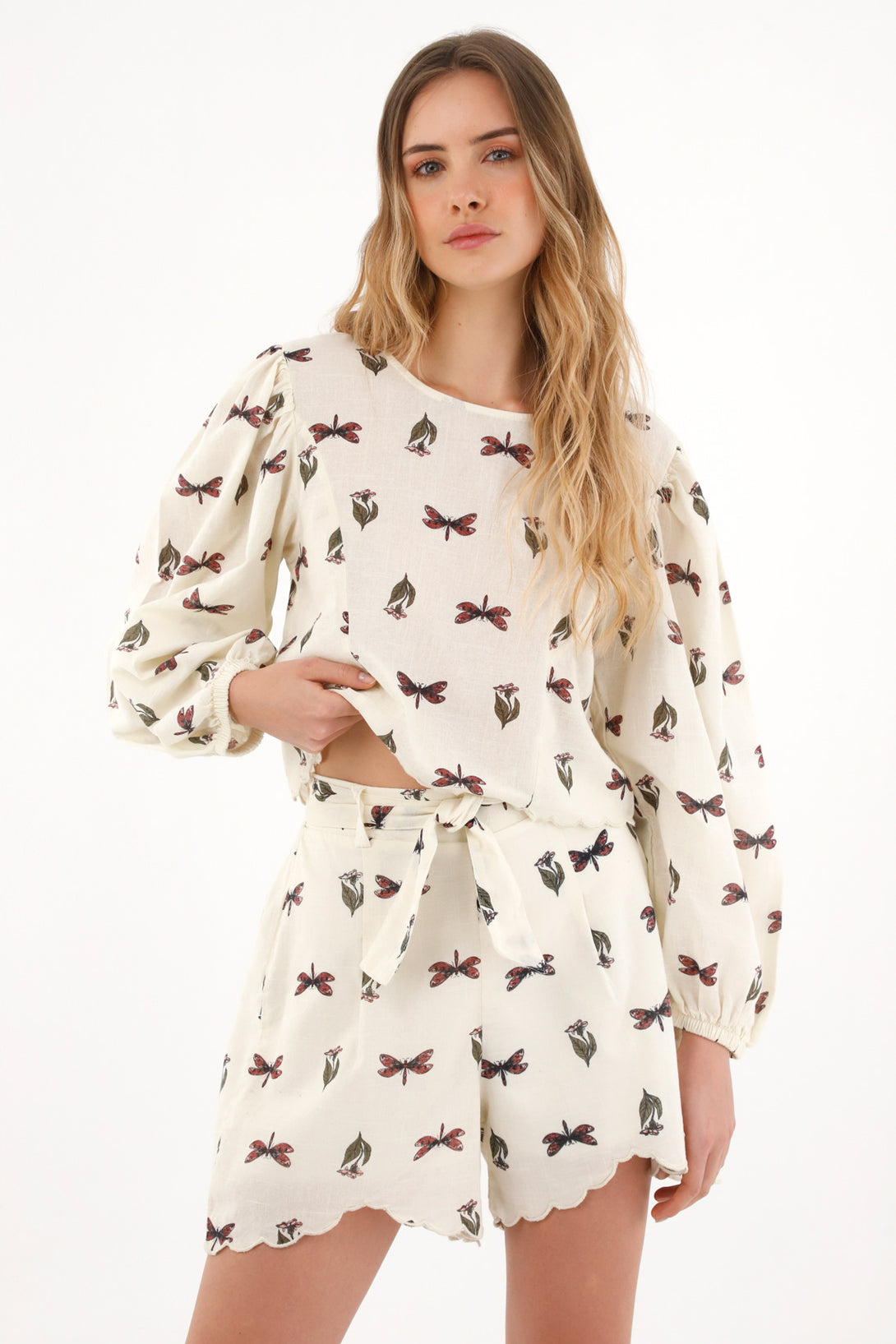 Women's Cream Printed Shorts with Matching Belt