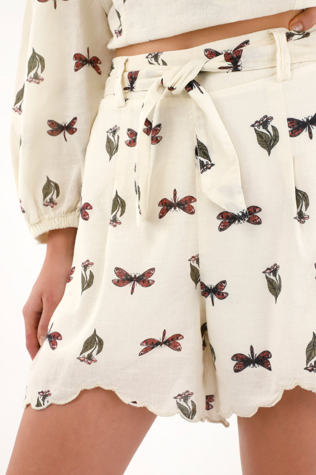 Women's Cream Printed Shorts with Matching Belt