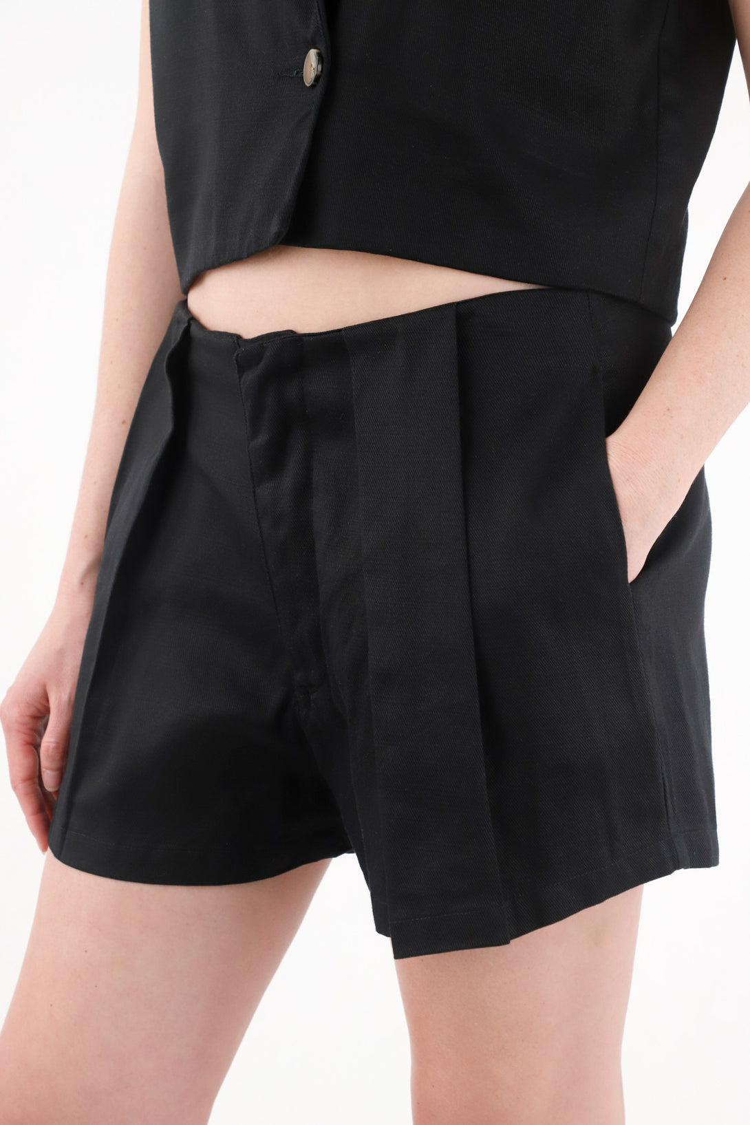 Women's High-Waisted Black Pleated Shorts