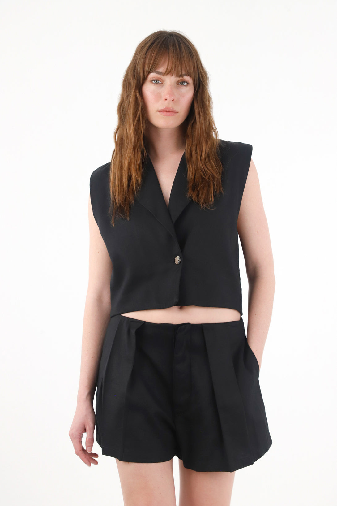 Women's High-Waisted Black Pleated Shorts