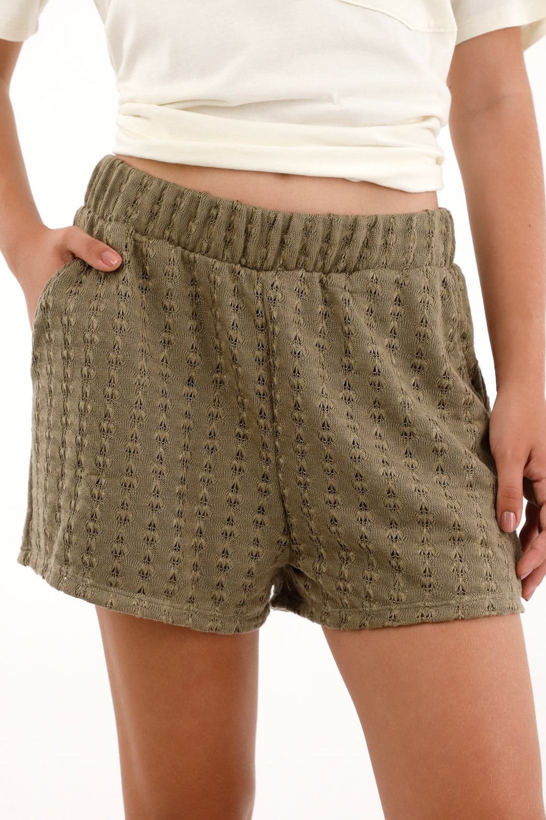 Women's Green Woven Shorts with Elastic Waistband