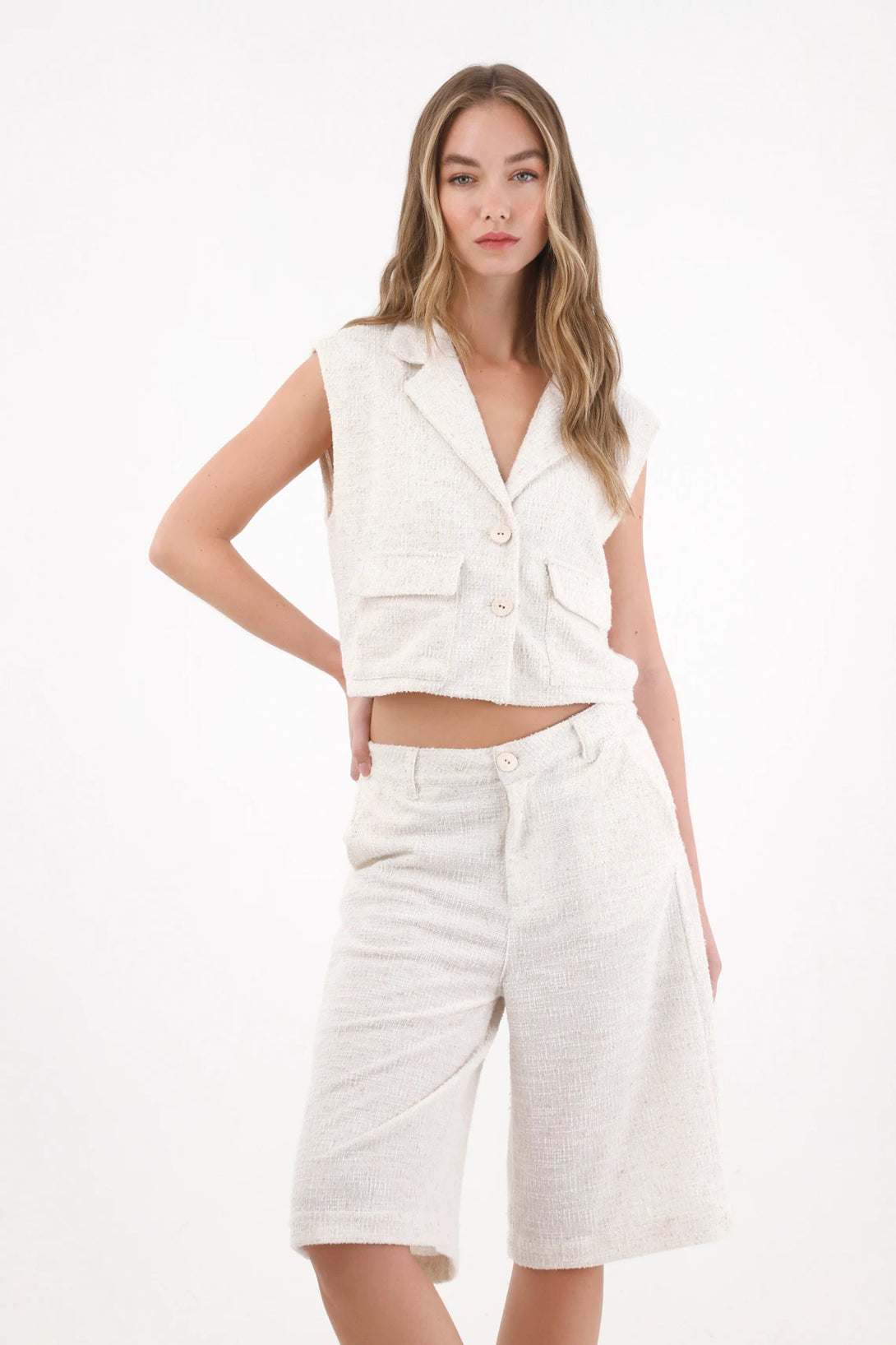 White Long Tweed Bermuda Shorts for Women