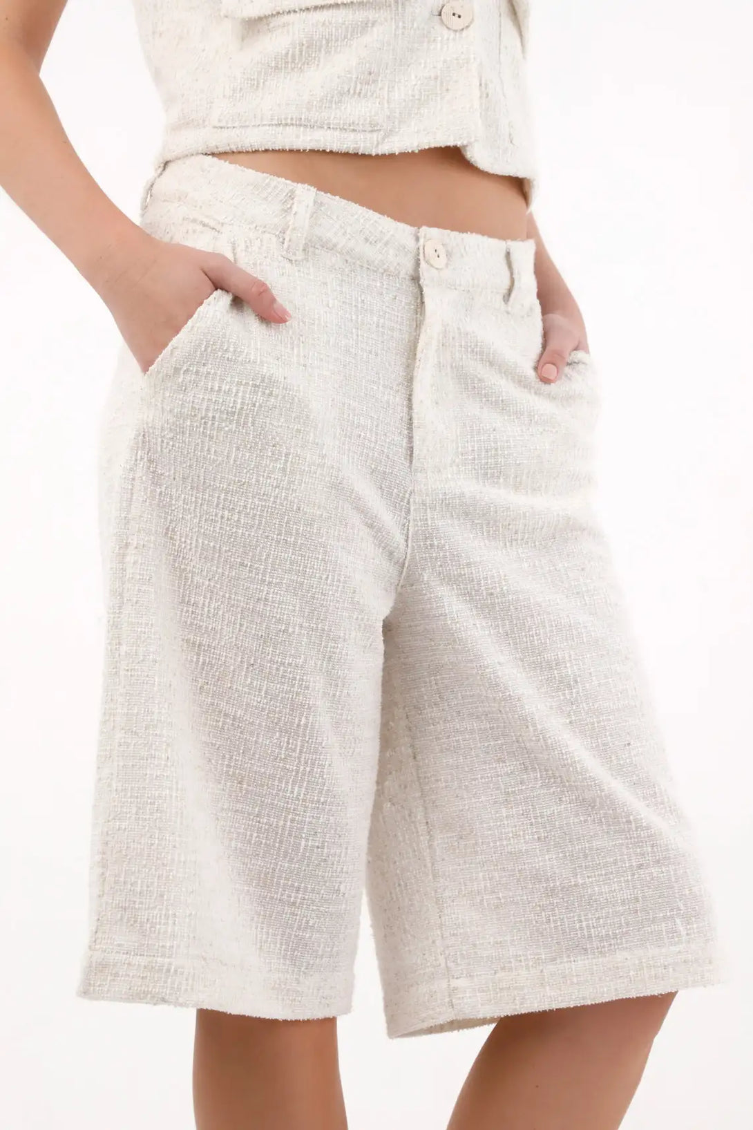 White Long Tweed Bermuda Shorts for Women