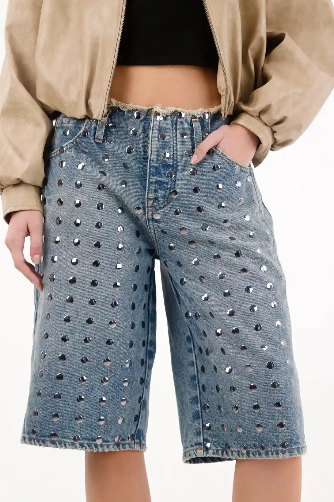 Bermuda larga con taches azul para mujer