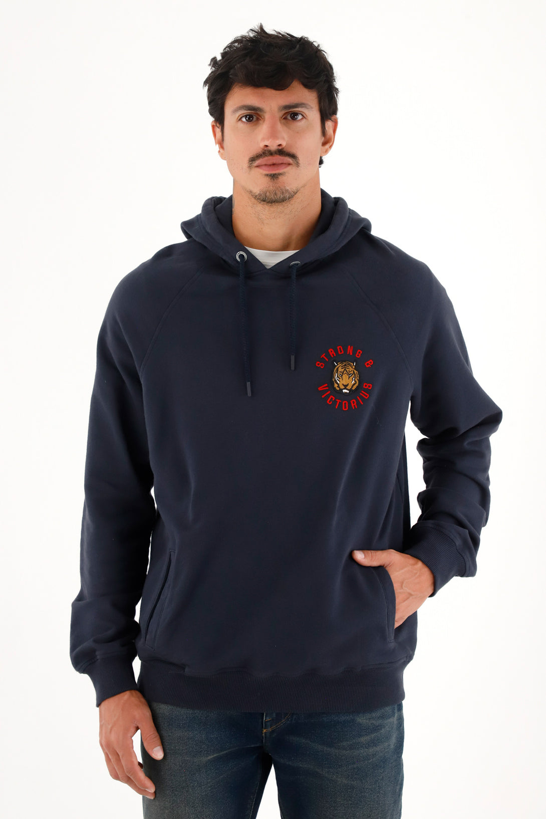 Buzo hoodie azul con bordado decorativo para hombre