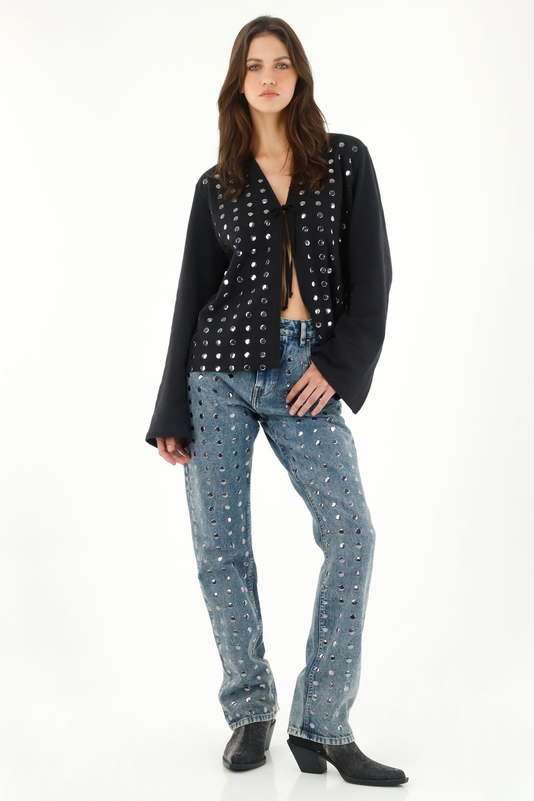 Women's Black Decorative Stud Sweatshirt