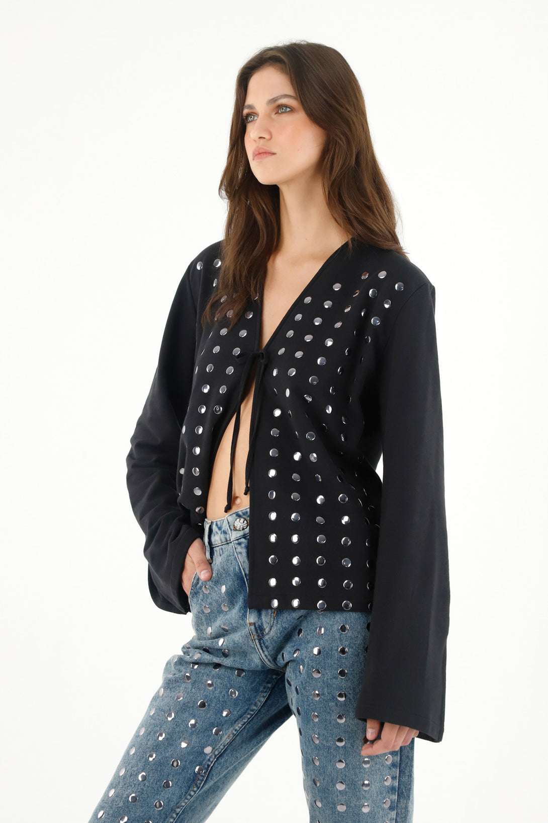 Women's Black Decorative Stud Sweatshirt