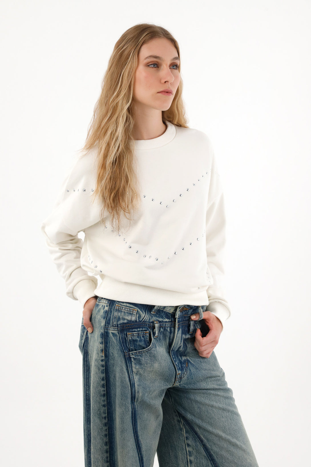 Women's Cream Closed Sweatshirt with Decorative Studs