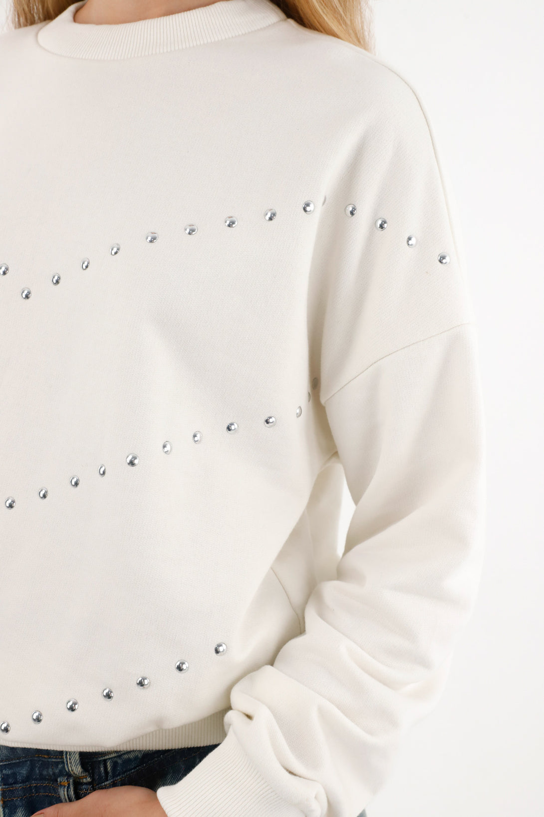 Women's Cream Closed Sweatshirt with Decorative Studs