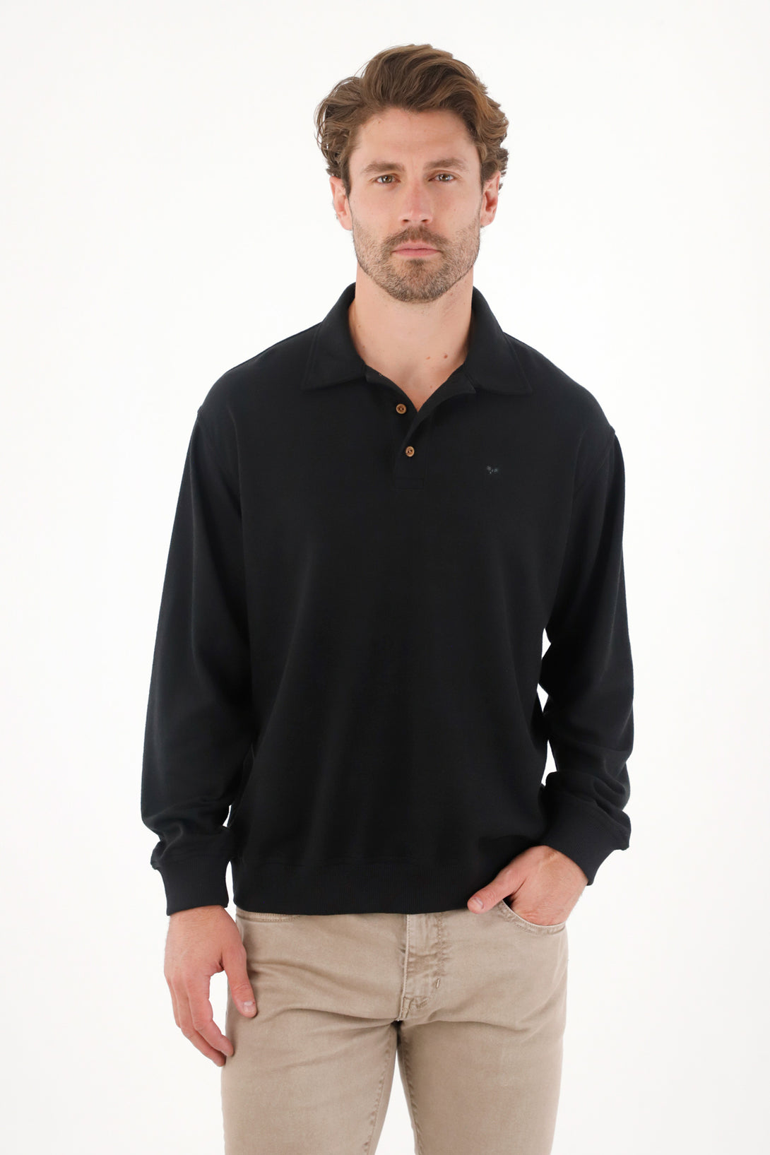 Men's Black Polo Style Sweatshirt with Embroidered Racquet
