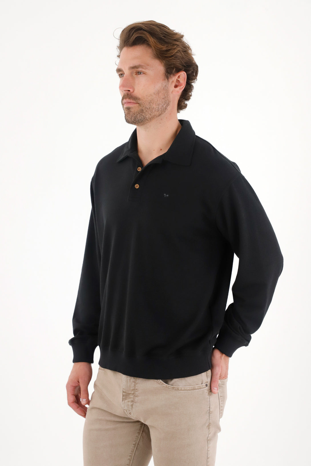 Men's Black Polo Style Sweatshirt with Embroidered Racquet