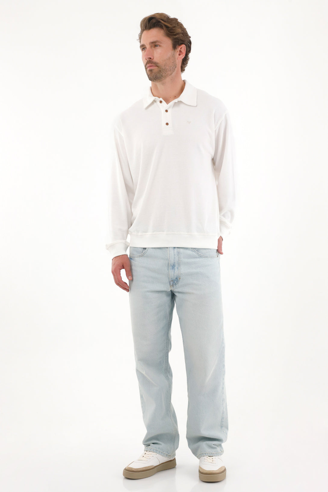 Mens Polo Sweatshirt with Embroidered Racket in Cream