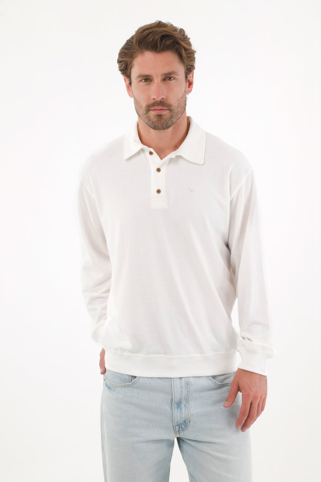 Mens Polo Sweatshirt with Embroidered Racket in Cream