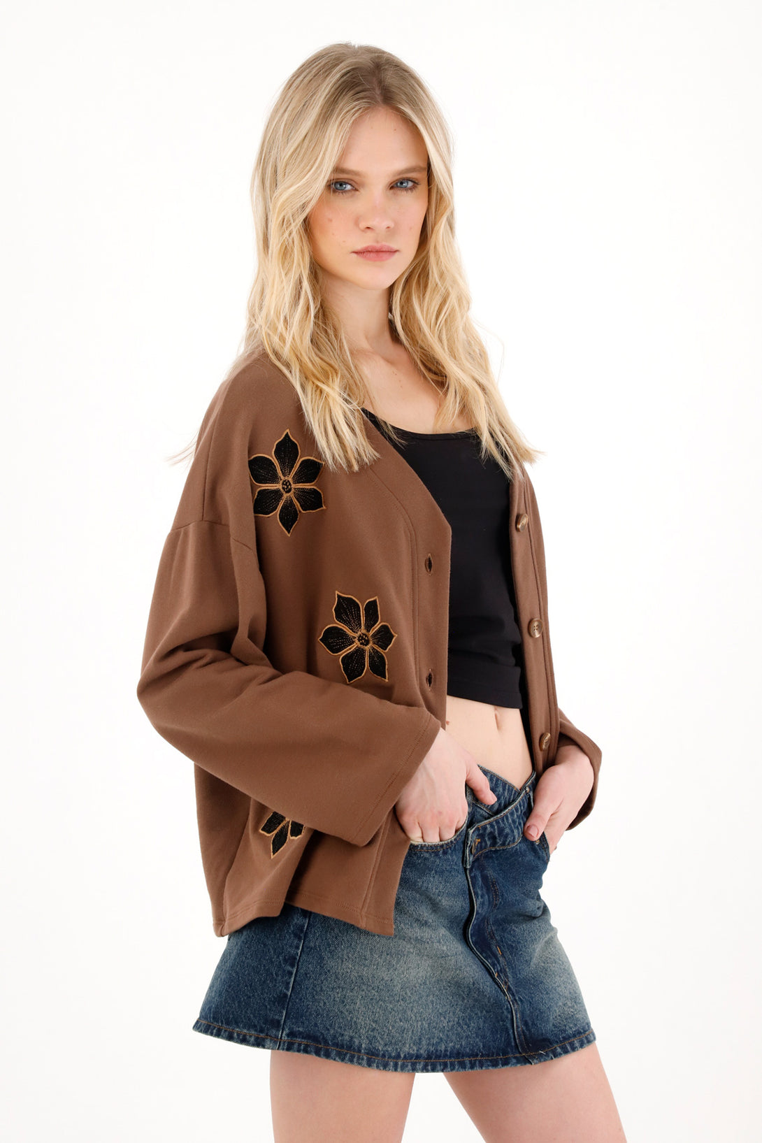 Women's Brown Floral Cardigan Sweater